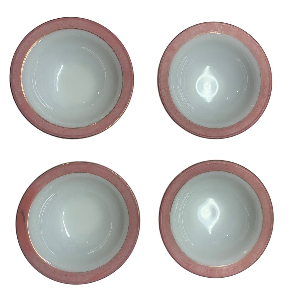 Vintage Pyrex Flamingo Pink Rim Milk Glass Bowls Set of 4 White Retro Kitchen - Picture 10 of 11